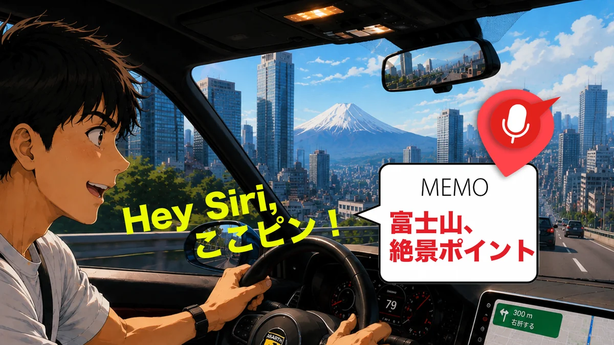 Hey Siriここピンと話しかけ、現在地と音声メモがセットで残る場面