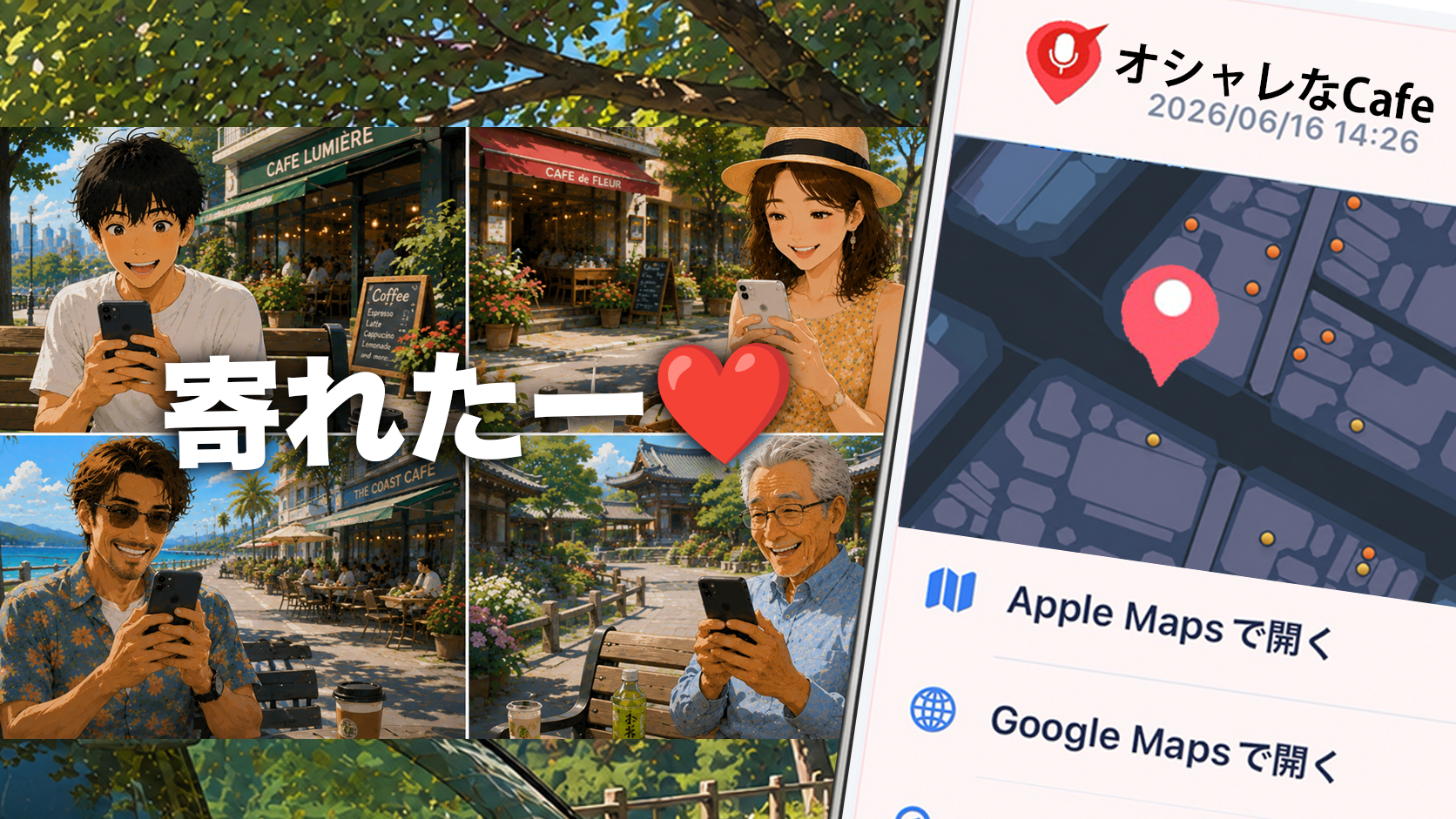 Hey Siriここピンと話しかけ、現在地と音声メモがセットで残る場面